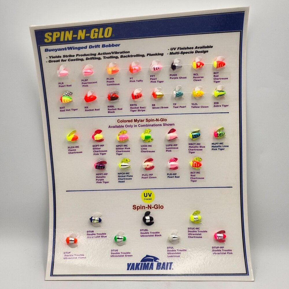 Yakima Bait Spin-N-Glo Show Display Board 36 Colors Fishing Tackle Lures 820308